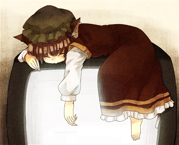 1girl animal_ears bad_id bad_twitter_id barefoot brown_hair cat_ears cat_tail chen closed_eyes earrings fingernails full_body hat jewelry long_fingernails long_sleeves lying mob_cap on_stomach shirt short_hair simple_background skirt skirt_set sleeping solo tail television touhou urin vest