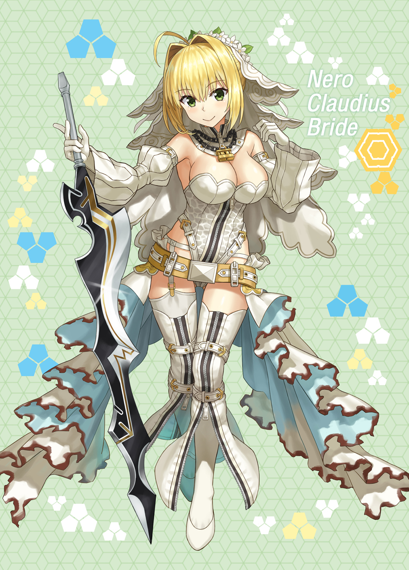 1girl aestus_estus ahoge belt blonde_hair breasts bridal_veil character_name cleavage closed_mouth detached_sleeves fate/extra fate/extra_ccc fate_(series) flower full_body garter_belt gloves green_background green_eyes holding holding_sword holding_weapon lock looking_at_viewer medium_breasts npcpepper padlock padlocked_collar saber_bride saber_extra short_hair smile solo standing sword thigh-highs veil weapon white_gloves white_legwear