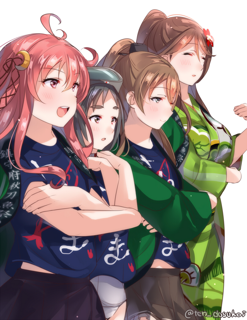 4girls ;) ahoge alternate_costume amagi_(kantai_collection) bangs black_hair blue_eyes blue_shirt breasts brown_eyes brown_hair closed_eyes crescent crescent_hair_ornament crossed_arms diving_mask diving_mask_on_head double_bun furisode hair_ornament hair_ribbon happi high_ponytail japanese_clothes juurouta kantai_collection kimono kumano_(kantai_collection) large_breasts leaf_hair_ornament long_hair maru-yu_(kantai_collection) mole mole_under_eye multiple_girls obi one_eye_closed parted_bangs pink_hair ponytail red_eyes ribbon sash shirt short_hair smile t-shirt uzuki_(kantai_collection) white_background wide_ponytail