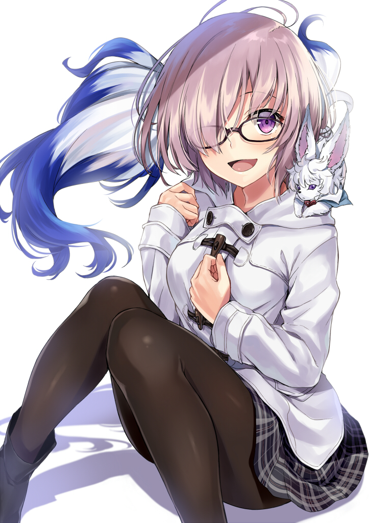 1girl :d alternate_costume ankle_boots antenna_hair black-framed_eyewear black_footwear black_legwear black_skirt blush boots casual commentary_request creature_on_shoulder duffel_coat eyebrows_visible_through_hair fate/grand_order fate_(series) fou_(fate/grand_order) glasses hair_over_one_eye hand_on_own_chest kakao_rantan knees_together_feet_apart knees_up long_sleeves looking_at_viewer miniskirt open_mouth pantyhose pink_hair plaid plaid_skirt shielder_(fate/grand_order) short_hair simple_background sitting skirt smile violet_eyes white_background white_coat
