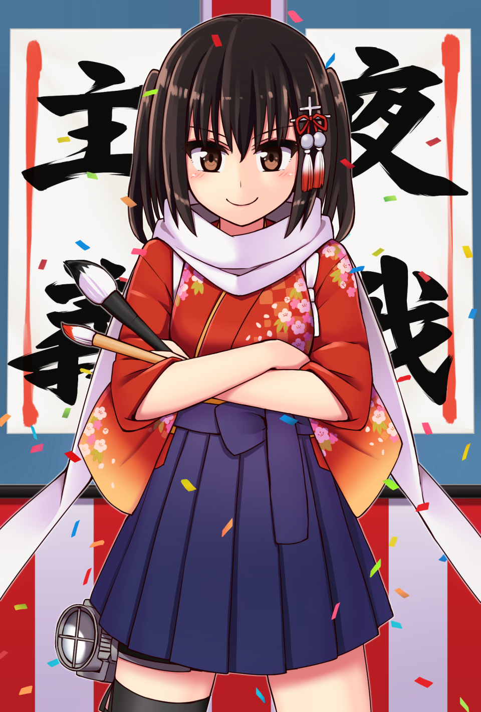 &gt;:) 1girl alternate_costume bangs banner black_legwear blue_hakama blush bob_(biyonbiyon)_(style) brown_eyes brown_hair calligraphy_brush cerasus closed_mouth commentary_request confetti cowboy_shot crossed_arms eyebrows_visible_through_hair floral_print hair_ribbon hakama highres holding japanese_clothes kantai_collection kimono legs_apart long_sleeves looking_at_viewer looking_back paintbrush red_kimono red_ribbon ribbon scarf sendai_(kantai_collection) short_hair single_thighhigh smile solo standing tassel thigh-highs two_side_up white_scarf wide_sleeves