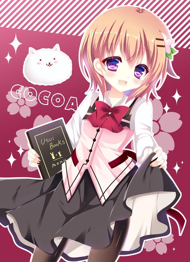 1girl :d angora_rabbit animal bitter_crown black_legwear black_skirt bow bowtie breasts buttons collared_shirt commentary_request cowboy_shot eyebrows_visible_through_hair flower gochuumon_wa_usagi_desu_ka? hair_between_eyes hair_ornament hairclip holding holding_menu hoto_cocoa long_sleeves looking_at_viewer menu open_mouth orange_hair outline pantyhose pink_background pink_vest rabbit rabbit_house_uniform red_neckwear shirt short_hair skirt skirt_hold small_breasts smile sparkle standing tippy_(gochiusa) violet_eyes white_outline white_shirt wing_collar