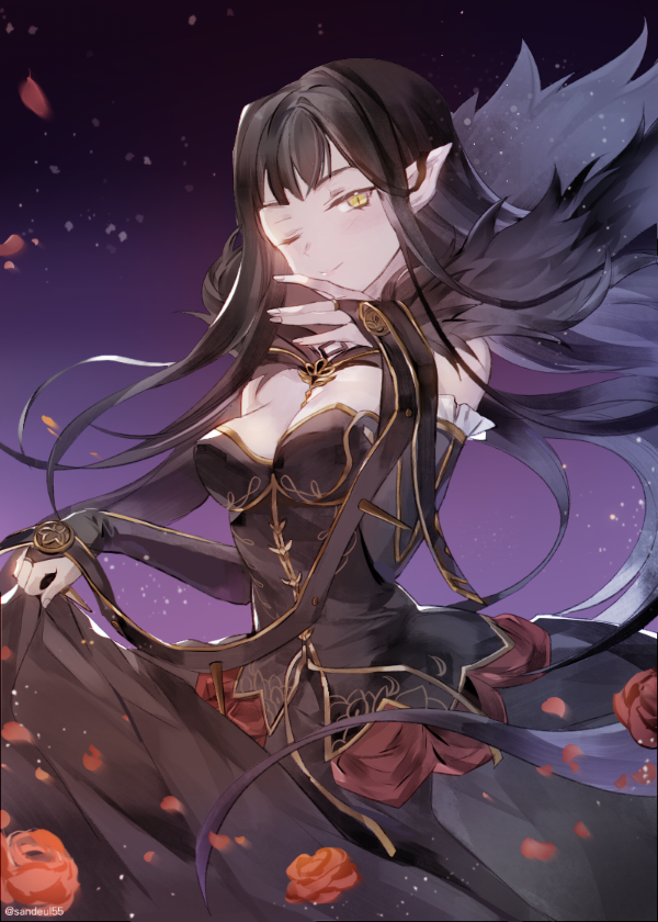 1girl ;) assassin_of_red black_dress black_gloves black_hair breasts bridal_gauntlets cleavage dress elbow_gloves fate/apocrypha fate_(series) fingerless_gloves flower gloves gradient gradient_background hand_to_own_mouth long_hair looking_at_viewer medium_breasts one_eye_closed petals pointy_ears rose rose_petals sandeul sidelocks simple_background slit_pupils smile solo very_long_hair yellow_eyes