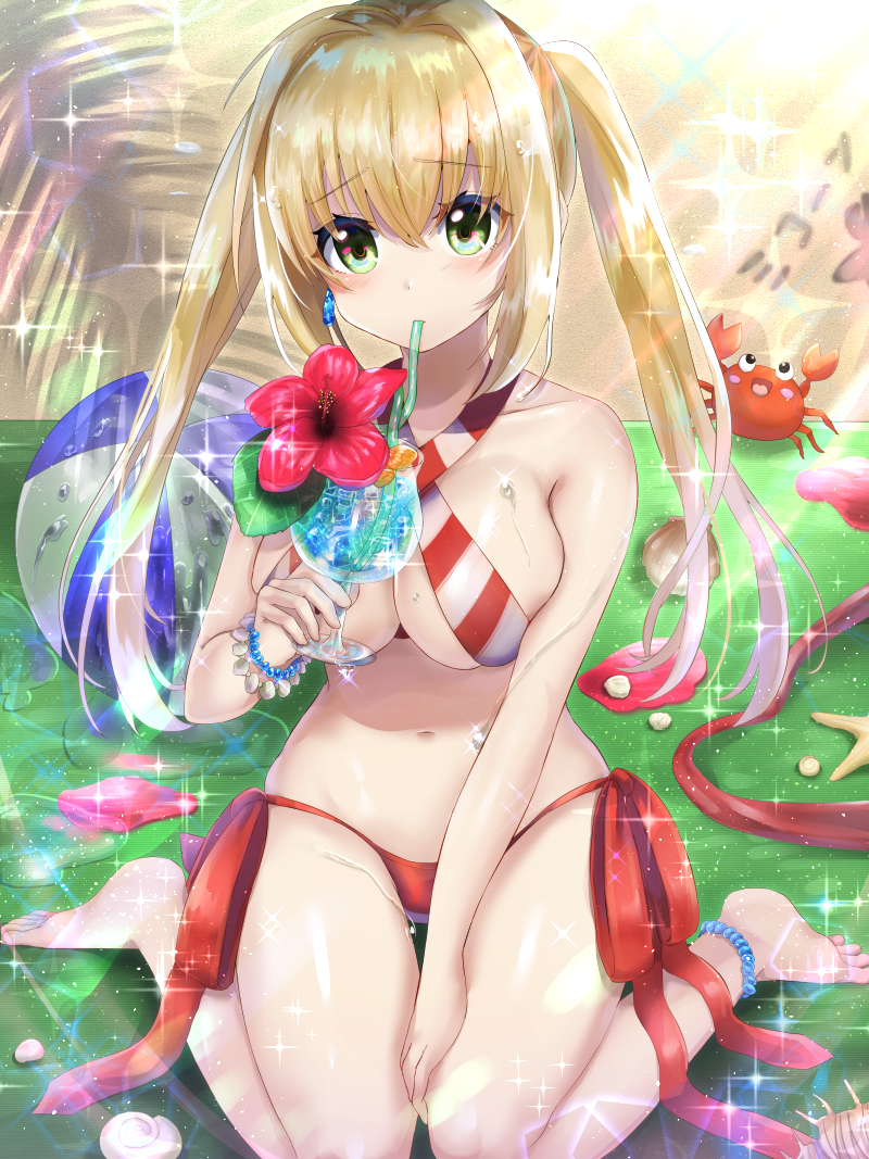 1girl ahoge anklet ball bare_arms bare_legs bare_shoulders barefoot beach beach_towel beachball between_legs bikini blush bracelet breasts collarbone crab criss-cross_halter cup day drinking drinking_glass eyebrows_visible_through_hair fate/grand_order fate_(series) flower gakuon_(gakuto) green_eyes halterneck hand_between_legs hibiscus holding holding_drinking_glass jewelry knees_together_feet_apart large_breasts light_rays long_hair looking_at_viewer navel nero_claudius_(swimsuit_caster)_(fate) outdoors red_bikini saber_extra sand side-tie_bikini single_earring sitting snail_shell solo sparkle starfish stomach striped striped_bikini sunbeam sunlight sweat swimsuit tareme thigh_gap towel twintails wariza