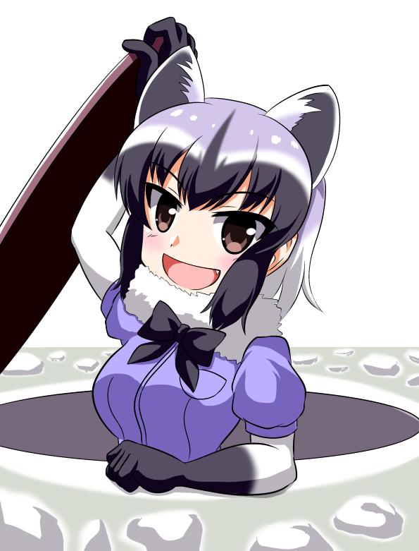 &gt;:d 1girl :d animal_ears black_gloves black_hair blush breast_pocket brown_eyes common_raccoon_(kemono_friends) extra_ears fang fur_collar gloves grey_hair kemono_friends looking_at_viewer manhole manhole_cover multicolored_hair open_mouth parody pocket raccoon_ears sasanishiki_48 short_sleeves smile solo upper_body