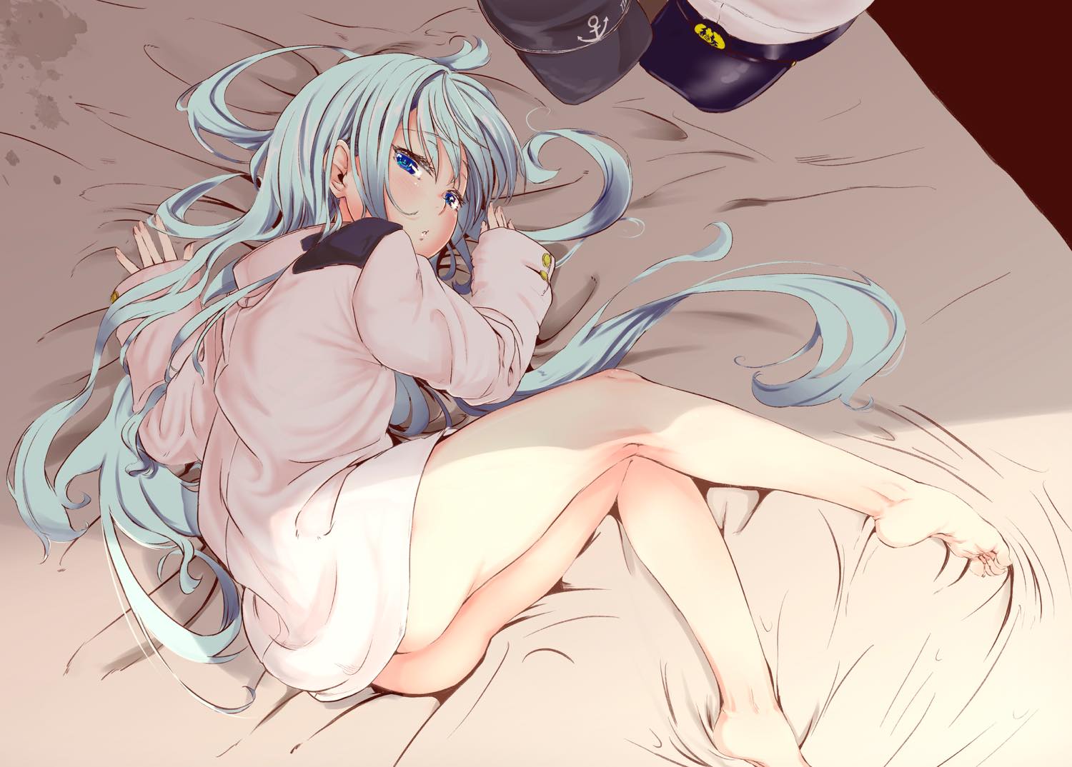 1girl anchor_symbol aqua_hair ass bare_legs barefoot bed_sheet blue_eyes bottomless caesar8149 commentary_request from_above half-closed_eyes hat hat_removed headwear_removed hibiki_(kantai_collection) kantai_collection long_hair long_sleeves looking_at_viewer lying military military_uniform naval_uniform on_bed on_side peaked_cap solo uniform very_long_hair