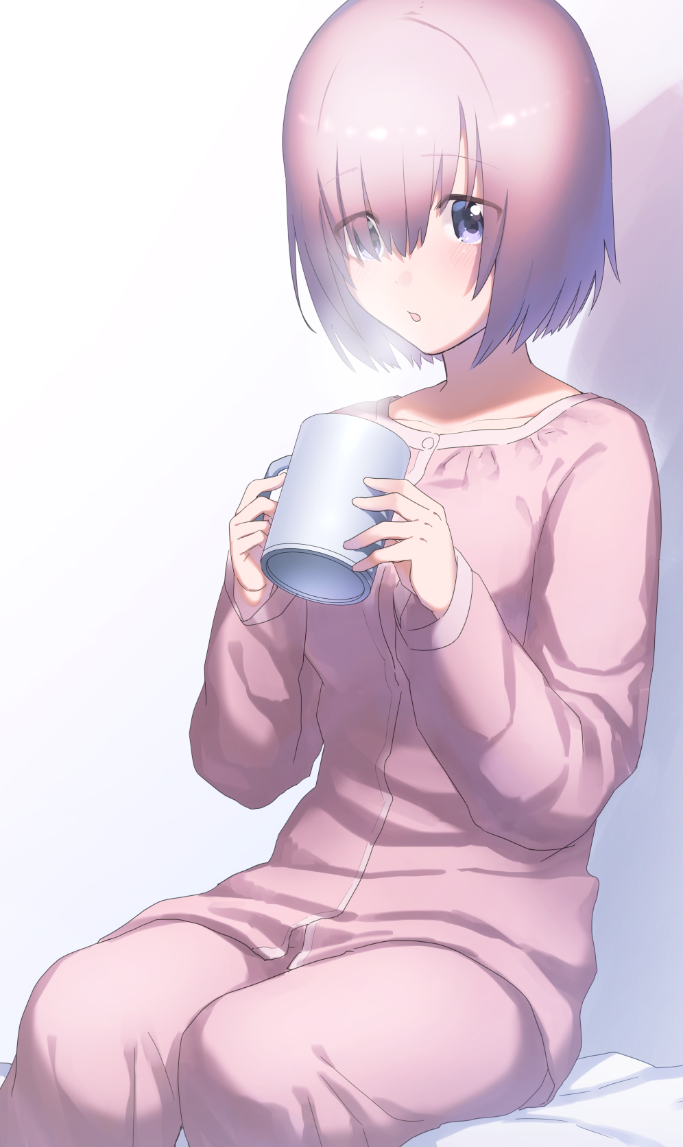 1girl :o alternate_costume bed_sheet blush coffee_cup collarbone commentary cup eyebrows_visible_through_hair eyes_visible_through_hair fate/grand_order fate_(series) hair_over_one_eye highres holding holding_cup long_sleeves open_mouth pajamas pink_hair shadow shielder_(fate/grand_order) short_hair simple_background sitting solo steam tanaka_arumi tareme violet_eyes white_background