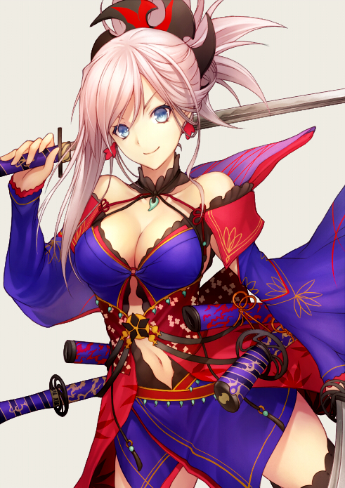 1girl asymmetrical_hair bangs black_legwear breasts closed_mouth criss-cross_halter detached_sleeves earrings fate/grand_order fate_(series) grey_background halterneck hand_up holding holding_sword holding_weapon japanese_clothes jewelry katana kimono kyoeiki looking_at_viewer medium_breasts miyamoto_musashi_(fate/grand_order) pink_hair ponytail purple_kimono sheath sheathed short_kimono simple_background smile solo sword thigh-highs weapon