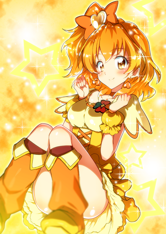 1girl boots bow choker cure_pine earrings fresh_precure! hair_bow hair_ornament heart heart_earrings heart_hair_ornament jewelry knee_boots looking_at_viewer magical_girl orange_bow orange_footwear orange_hair orange_neckwear petticoat precure short_hair side_ponytail skirt smile solo wrist_cuffs yamabuki_inori yellow yellow_background yellow_eyes yellow_skirt yuto_(dialique)