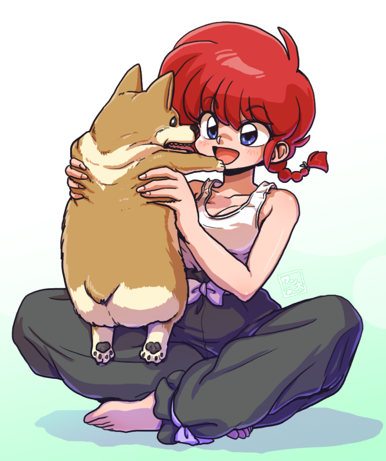 1girl :d animal baggy_pants bangs bare_shoulders barefoot blue_eyes blush braid full_body genderswap genderswap_(mtf) holding holding_animal indian_style long_hair open_mouth pants ranma-chan ranma_1/2 redhead saotome_ranma single_braid sitting smile solo tank_top wantan-orz welsh_corgi