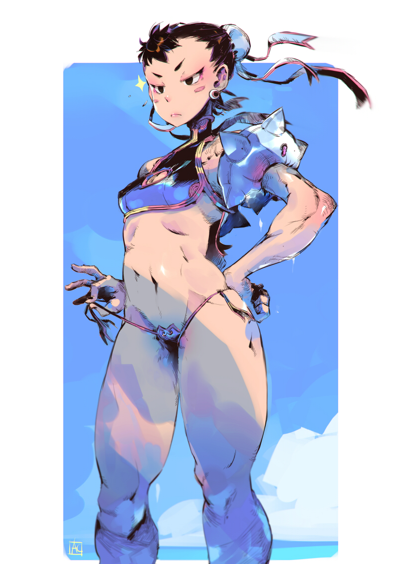 1girl adapted_costume alternate_breast_size andrea_cofrancesco bikini blue_sky breasts brown_hair bun_cover chun-li cleavage cleavage_cutout cowboy_shot day double_bun dudou hand_on_hip inflatable_armbands navel ocean short_hair side-tie_bikini sky small_breasts solo spikes street_fighter swimsuit thighs tsurime