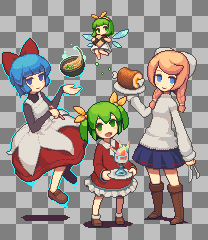4girls :d arm_at_side bangs bare_legs barefoot blue_eyes blue_hair blue_skirt blunt_bangs blush bob_cut bobby_socks bone boned_meat boots bow bowl braid breasts brown_footwear checkered checkered_background chopsticks closed_mouth cocktail_glass collared_dress cookie cup cute_fairy_(elona) dress drinking_glass elona eyebrows facing_another fairy_wings floating flying food frilled_dress frills full_body glass green_eyes green_hair hair_bow hair_ribbon hair_tie hairband holding holding_chopsticks holding_plate jitome knee_boots little_girl_(elona) loafers long_sleeves looking_at_viewer lowres magic meat minigirl miniskirt multiple_girls no_nose no_pupils open_mouth orange_hair pixel_art plate pleated_skirt red_bow red_dress ribbon shadow shaved_ice shoes short_hair single_vertical_stripe skirt sleeves_past_wrists small_breasts smile socks soup standing sweater tareme tongue turtleneck turtleneck_sweater twin_braids twintails vixiv white_bow white_legwear white_ribbon white_sweater wings wizard_of_elea_(female) yellow_hairband yellow_ribbon younger_sister_(elona)