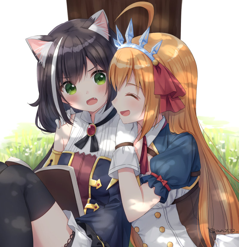 2girls :d ^_^ ahoge animal_ear_fluff animal_ears anz32 bangs bare_shoulders black_hair black_legwear black_sleeves blush brown_hair cat_ears closed_eyes collared_shirt commentary_request detached_sleeves eyebrows_visible_through_hair fang gloves green_eyes hair_between_eyes hair_ribbon hands_on_another's_shoulders hands_up karyl_(princess_connect!) knees_up long_hair long_sleeves multicolored_hair multiple_girls open_mouth pecorine princess_connect! princess_connect!_re:dive profile puffy_short_sleeves puffy_sleeves red_ribbon ribbon shirt short_sleeves shrug_(clothing) sitting sleeveless sleeveless_shirt smile streaked_hair thigh-highs tiara tree tree_shade twitter_username very_long_hair white_gloves white_hair white_shirt wide_sleeves