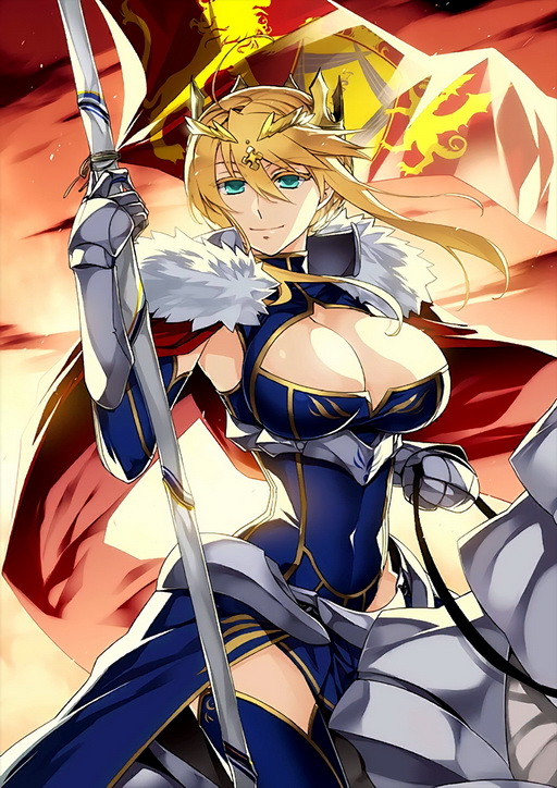 1girl ahoge armor artoria_pendragon_(all) artoria_pendragon_(lancer) bangs blonde_hair braid breasts cape cleavage colored_eyelashes covered_navel crown fate/grand_order fate_(series) flag fur_trim gauntlets green_eyes hair_between_eyes holding_flag horseback_riding ishida_akira large_breasts long_hair looking_at_viewer official_art outdoors riding smile solo sunset tied_hair