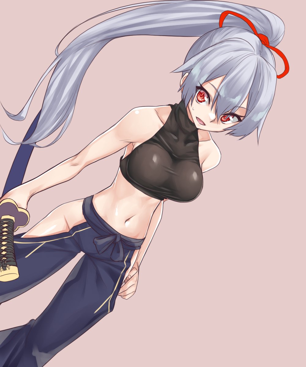 1girl dutch_angle fate/grand_order fate_(series) flew_chicken hakama highres hip_vent japanese_clothes katana long_hair midriff navel ponytail red_eyes scabbard sheath silver_hair simple_background solo sword tomoe_gozen_(fate/grand_order) weapon