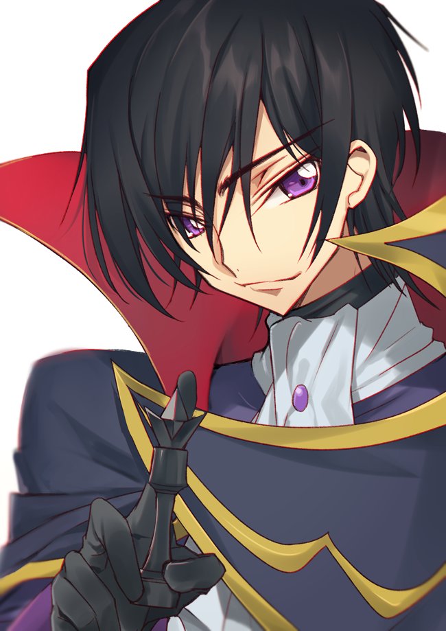1boy black_gloves black_hair cape chess_piece closed_mouth code_geass cravat creayus eyebrows_visible_through_hair eyes_visible_through_hair gem gloves hair_between_eyes high_collar holding king_(chess) lelouch_lamperouge looking_at_viewer male_focus simple_background smile solo upper_body violet_eyes white_background white_neckwear zero_(code_geass)