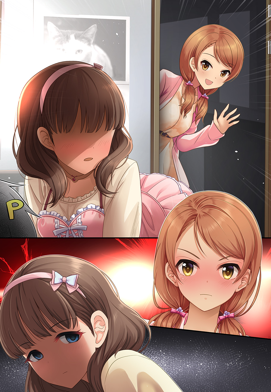 2girls angry blue_eyes blush brown_eyes brown_hair comic commentary_request eyebrows_visible_through_hair hairband hetero highres houjou_karen idolmaster idolmaster_cinderella_girls kazu long_hair looking_at_viewer love_triangle low_twintails multiple_girls p-head_producer producer_(idolmaster) sakuma_mayu short_hair silent_comic smile twintails