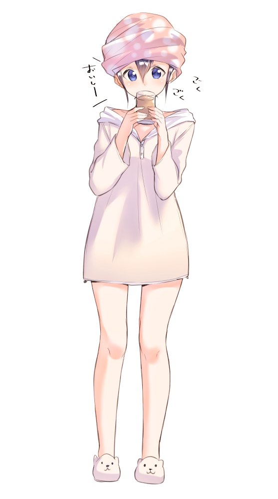 1girl after_shower animal_slippers blue_eyes blush brown_hair commentary_request full_body hair_between_eyes hood hoodie looking_at_viewer original short_hair simple_background slippers solo standing suzunari_shizuku towel towel_on_head white_background yuki_arare