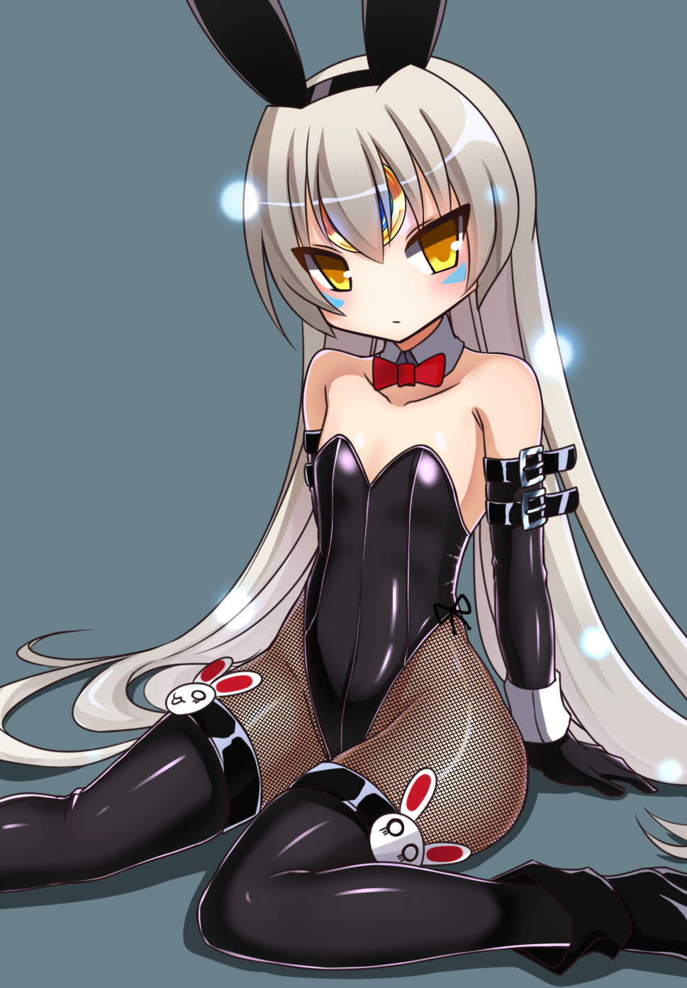1girl alice360 all_fours animal_ears black_gloves black_legwear black_leotard bow bowtie bunnysuit detached_collar elbow_gloves elsword eve_(elsword) fishnet_pantyhose fishnets flat_chest forehead_jewel full_body gloves grey_background highres leotard long_hair looking_at_viewer pantyhose rabbit_ears red_neckwear simple_background sitting solo strapless strapless_leotard thigh-highs wariza white_hair wrist_cuffs yellow_eyes