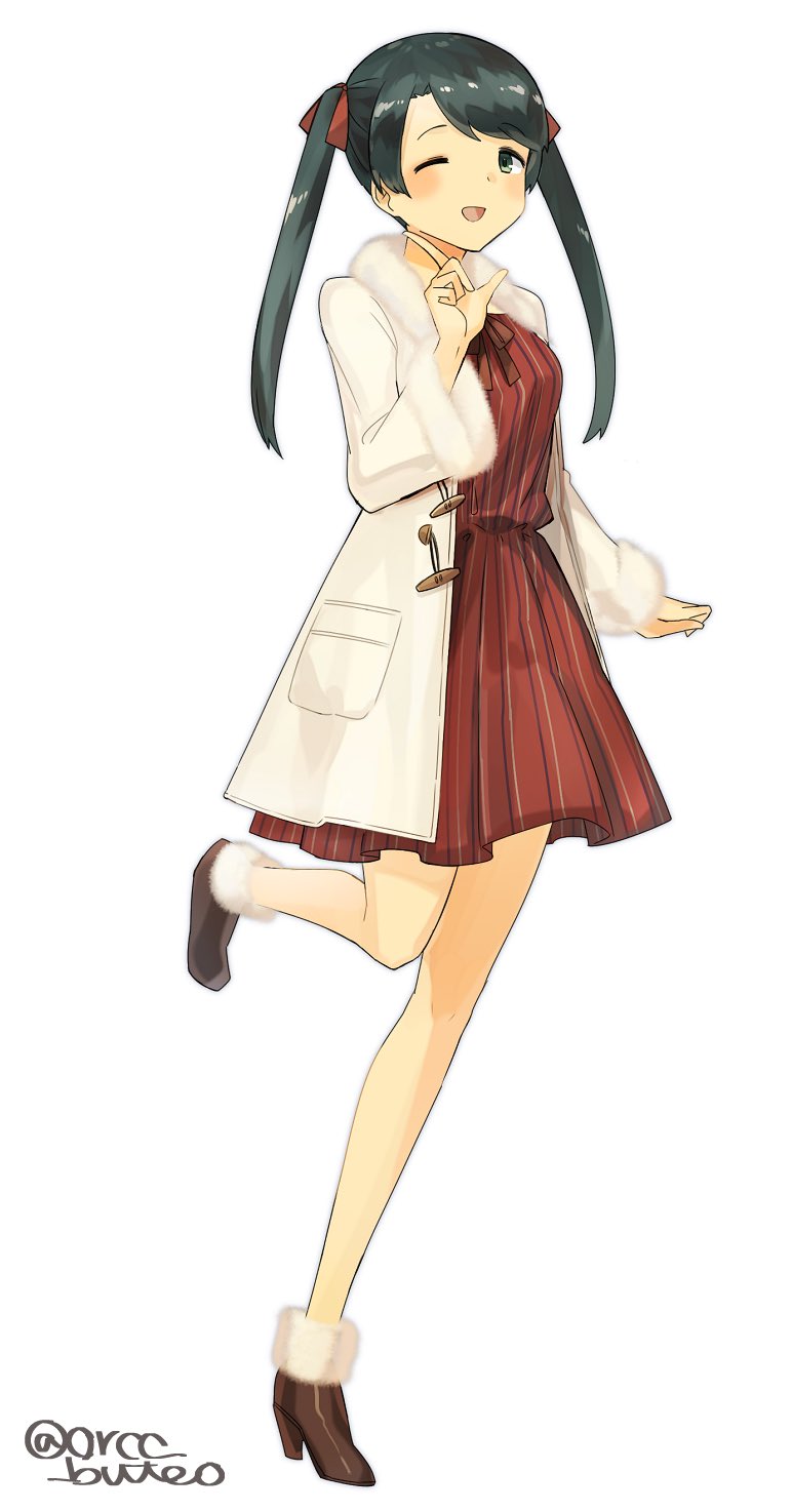 1girl black_hair dress full_body grey_eyes highres index_finger_raised jacket kantai_collection long_hair looking_at_viewer mikuma_(kantai_collection) one_eye_closed open_mouth red_dress simple_background smile solo standing standing_on_one_leg twintails twitter_username white_background white_jacket yamashiki_(orca_buteo)