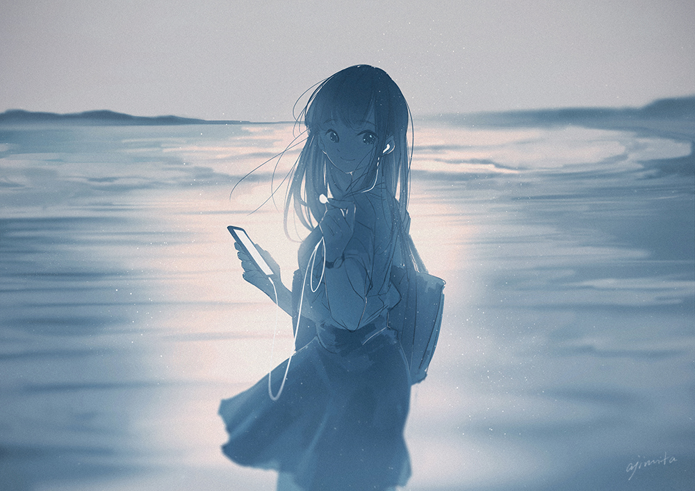 1girl ajimita artist_name backlighting bangs blouse blue cellphone closed_mouth day earphones earphones eyebrows_visible_through_hair from_side holding holding_phone horizon listening_to_music long_hair long_sleeves looking_at_viewer ocean original outdoors phone school_uniform serafuku signature skirt smartphone smile solo