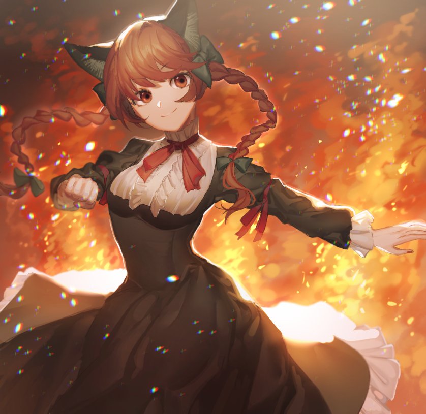 1girl adapted_costume animal_ears bangs black_dress bow braid cat_ears clenched_hand closed_mouth commentary_request dress fire green_bow hair_bow head_tilt kaenbyou_rin long_hair long_sleeves looking_at_viewer motsuba outstretched_arm red_eyes redhead smile solo touhou twin_braids