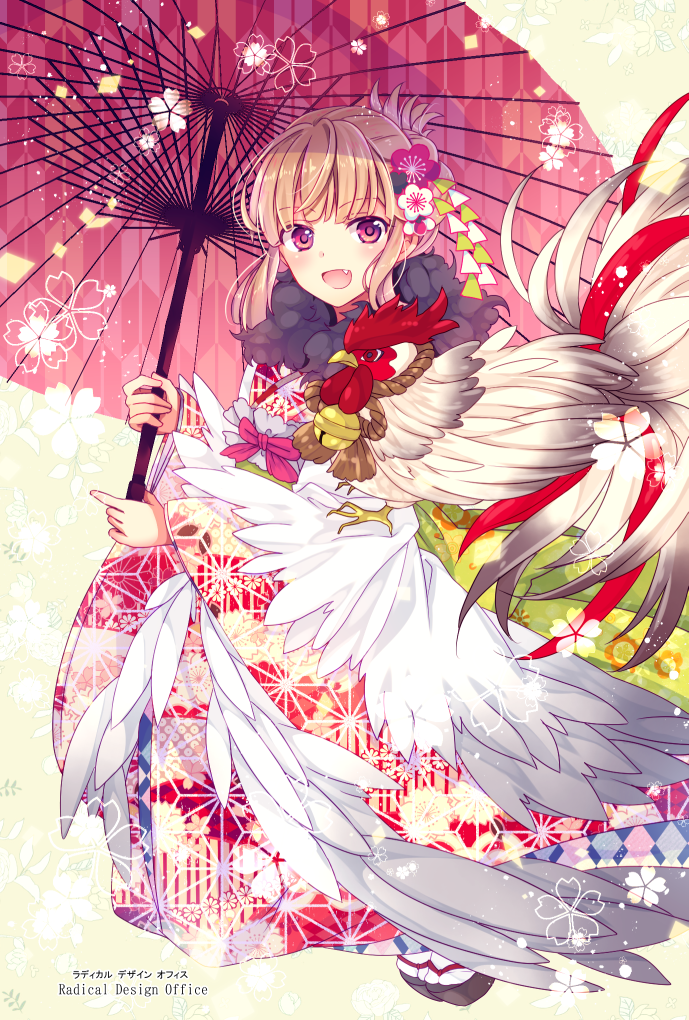 1boy :d bangs bird blush brown_hair chicken clog_sandals fang feathers flower folded_ponytail full_body furisode goma_(11zihisin) hair_flower hair_ornament japanese_clothes jingle_bel kimono long_hair long_sleeves looking_at_viewer male_focus obi open_mouth oriental_umbrella original pink_eyes rooster sash smile solo tabi trap umbrella wide_sleeves year_of_the_rooster