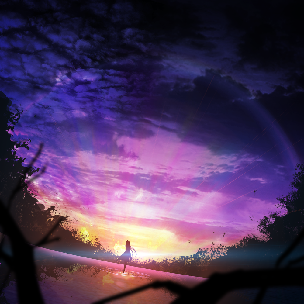 1girl blurry blurry_foreground commentary_request depth_of_field dutch_angle forest lake long_hair nature original purple_sky ripples scenery silhouette solo sunlight sunset walking walking_on_liquid zennmai_siki