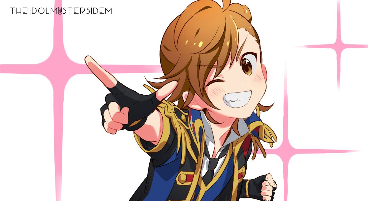 1boy ;d black_gloves black_jacket brown_hair clenched_hand copyright_name epaulettes fingerless_gloves gloves grin idolmaster idolmaster_side-m jacket looking_at_viewer male_focus one_eye_closed open_mouth pointing pointing_at_viewer reason!! rice_(rice8p) short_hair simple_background smile solo tachibana_shirou white_background