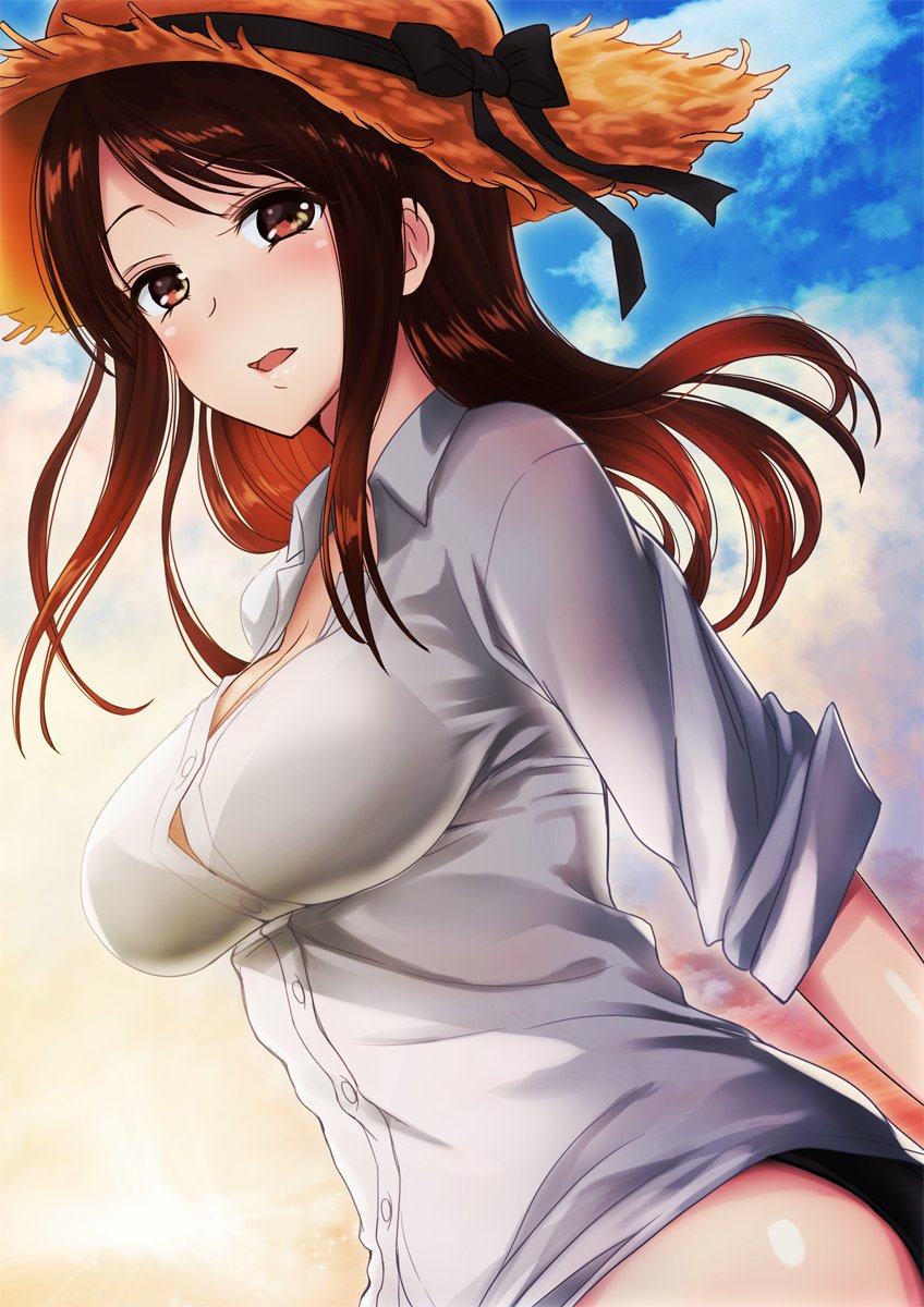 1girl akai_kagerou black_bikini_bottom black_ribbon blue_sky blush breasts brown_eyes brown_hair cleavage clouds commentary_request dress_shirt hat hat_ribbon highres hips idolmaster idolmaster_cinderella_girls long_hair looking_at_viewer looking_to_the_side medium_breasts mifune_miyu open_mouth outdoors ribbon shirt sky sleeves_rolled_up solo straw_hat