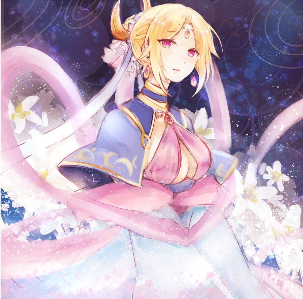 1girl akikazekinoko blonde_hair breasts cleavage cresselia earrings facial_mark flower forehead_mark jewelry large_breasts looking_at_viewer personification pink_eyes pokemon solo standing