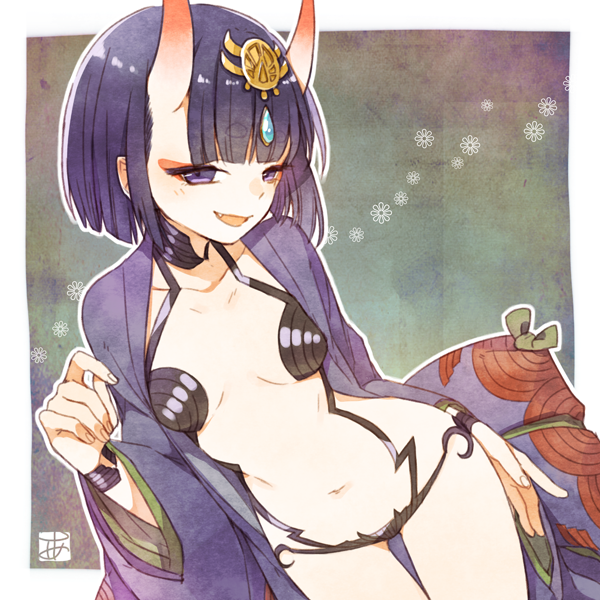 1girl ark_kan breasts fangs fate/grand_order fate_(series) headpiece japanese_clothes kimono navel oni_horns open_clothes open_kimono open_mouth purple_hair revealing_clothes short_eyebrows shuten_douji_(fate/grand_order) small_breasts smile violet_eyes