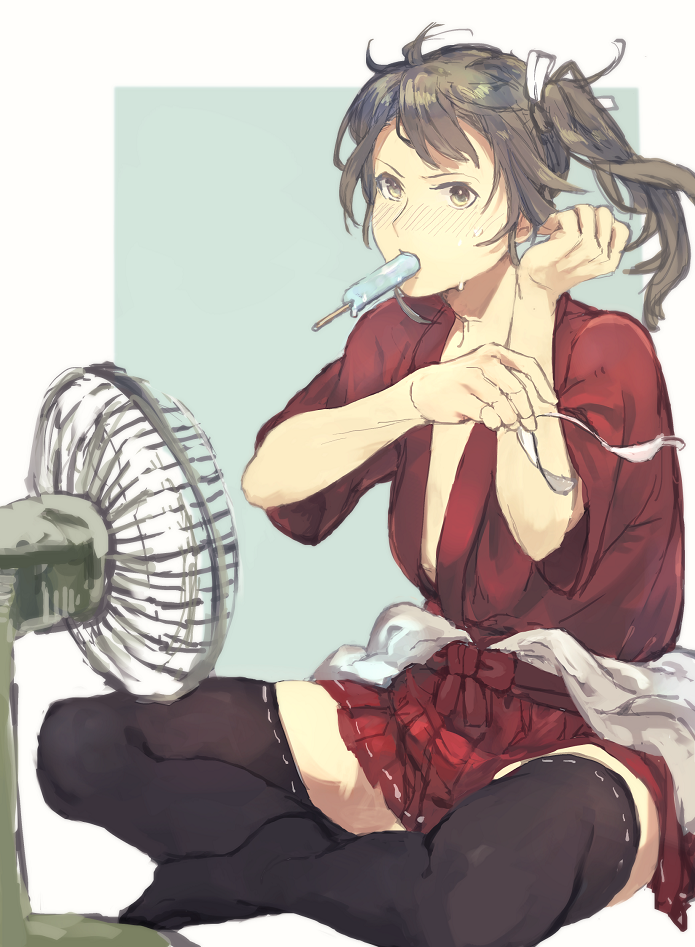 1girl blush commentary_request electric_fan food fukazaki green_hair hair_down hair_ribbon hakama_skirt japanese_clothes kantai_collection long_hair looking_at_viewer nose_blush pleated_skirt popsicle ribbon simple_background skirt solo sweatdrop thigh-highs white_ribbon zuikaku_(kantai_collection)