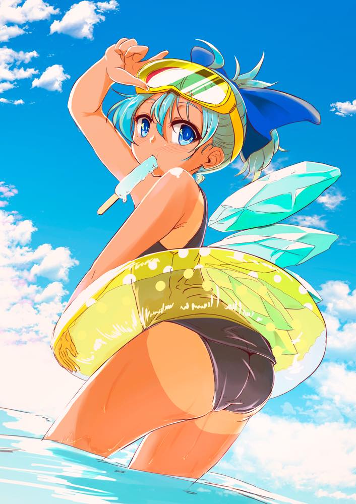 1girl arm_up ass bare_arms black_swimsuit blue_bow blue_eyes blue_hair blue_sky bow caesar8149 cirno clouds day diving_mask diving_mask_on_head food hair_bow innertube looking_at_viewer mouth_hold one-piece_swimsuit one-piece_tan outdoors popsicle short_hair sky solo summer swimsuit tan tanline tanned_cirno touhou wading water