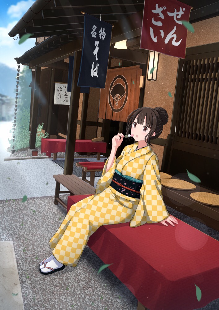 1girl :o arm_at_side bangs banner bench blunt_bangs blurry blurry_background blush brown_eyes brown_hair building ceiling_light checkered checkered_kimono dango day falling_leaves food full_body geta hair_bun holding holding_food house japanese_clothes kimono long_sleeves obi open_mouth original outdoors sakeharasu sash short_hair sidelocks solo stone_floor tabi tareme translation_request wagashi white_legwear wide_sleeves yellow_kimono