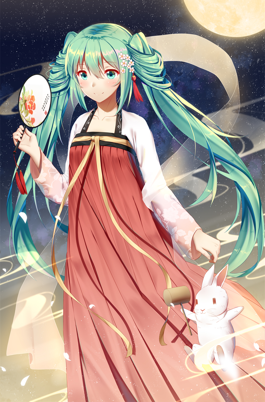 1girl absurdly_long_hair blue_eyes blue_hair blush closed_mouth collarbone eyebrows_visible_through_hair fan flower hair_flower hair_ornament hatsune_miku highres holding holding_fan ji_dao_ji long_hair looking_at_viewer moon night night_sky sky smile solo star_(sky) starry_sky twintails very_long_hair vocaloid
