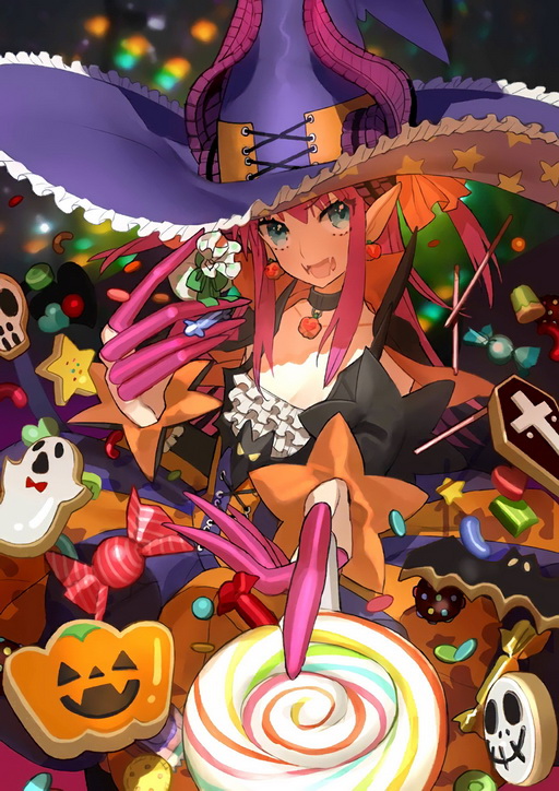 1girl bangs blue_eyes candy choker dress earrings elizabeth_bathory_(halloween)_(fate) fate/grand_order fate_(series) food frills halloween halloween_costume hat holding horns jack-o'-lantern jewelry lancer_(fate/extra_ccc) lollipop long_hair looking_at_viewer official_art open_mouth pink_hair pointy_ears pumpkin sharp_teeth smile solo star swirl_lollipop teeth wada_aruko witch_hat