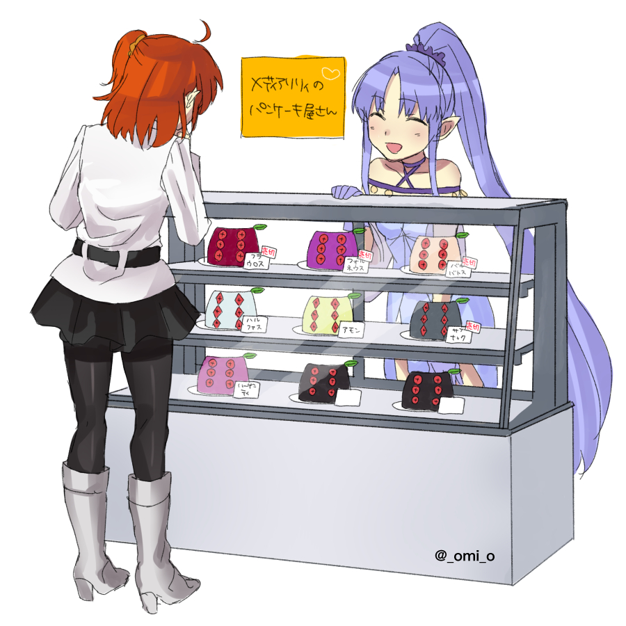 2girls ahoge bare_shoulders black_legwear blue_gloves blue_hair blush cake caster_lily closed_eyes demon_pillar_(fate/grand_order) display_case facing_another fate/grand_order fate_(series) food fujimaru_ritsuka_(female) gloves heart leaf long_hair long_sleeves multiple_girls omi_(tyx77pb_r2) open_mouth pantyhose plate pointy_ears ponytail scrunchie side_ponytail sign translation_request twitter_username white_background