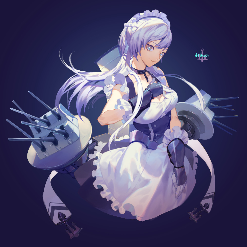 1girl anchor apron azur_lane bangs belfast_(azur_lane) blue_background blue_eyes blue_hair braid breasts character_name closed_mouth corset frilled_apron frills gauntlets half_updo hand_on_own_chest large_breasts long_hair looking_at_viewer maid maid_headdress rigging silver_hair smile solo tsurime turret underbust waist_apron yamakawa