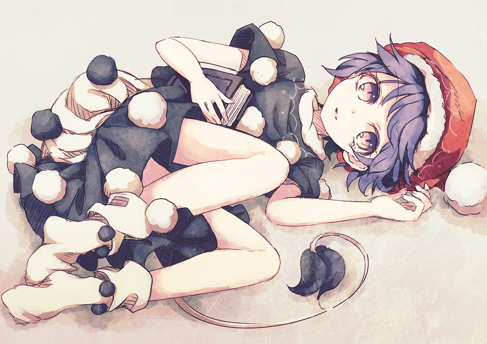 1girl bare_arms bare_legs blue_hair book dise doremy_sweet dress full_body hat looking_at_viewer lying nightcap on_side pom_pom_(clothes) short_dress short_hair short_sleeves smile socks solo tail tapir_tail touhou white_legwear