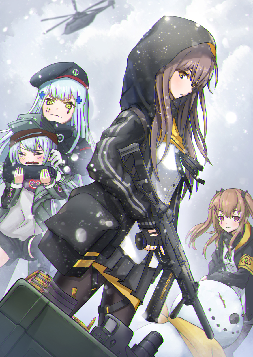 4girls aircraft anger_vein armband bangs beret black_legwear blue_hair blush brown_hair closed_mouth cowboy_shot g11_(girls_frontline) girls_frontline gun hair_ornament hat helicopter highres hk416_(girls_frontline) holding holding_gun holding_weapon hood hoodie jacket kong_(ksw2801) long_hair long_sleeves looking_at_viewer military military_uniform miniskirt multiple_girls open_clothes open_hoodie open_jacket pantyhose parted_lips red_eyes rifle skirt snowing snowman two_side_up ump45_(girls_frontline) ump9_(girls_frontline) uniform wavy_mouth weapon x_hair_ornament yellow_eyes