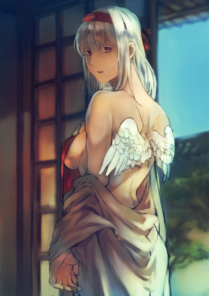 1girl architecture arm_at_side bangs bare_back blush breasts brown_eyes clothes_down commentary_request covering covering_breasts cowboy_shot east_asian_architecture eaves feathered_wings from_behind fukazaki hachimaki hairband hand_on_own_chest headband indoors japanese_clothes kantai_collection kimono long_hair looking_at_viewer looking_back medium_breasts nape parted_lips shouji shoukaku_(kantai_collection) shoulder_blades sideboob sidelocks sliding_doors solo tree white_hair white_wings wings