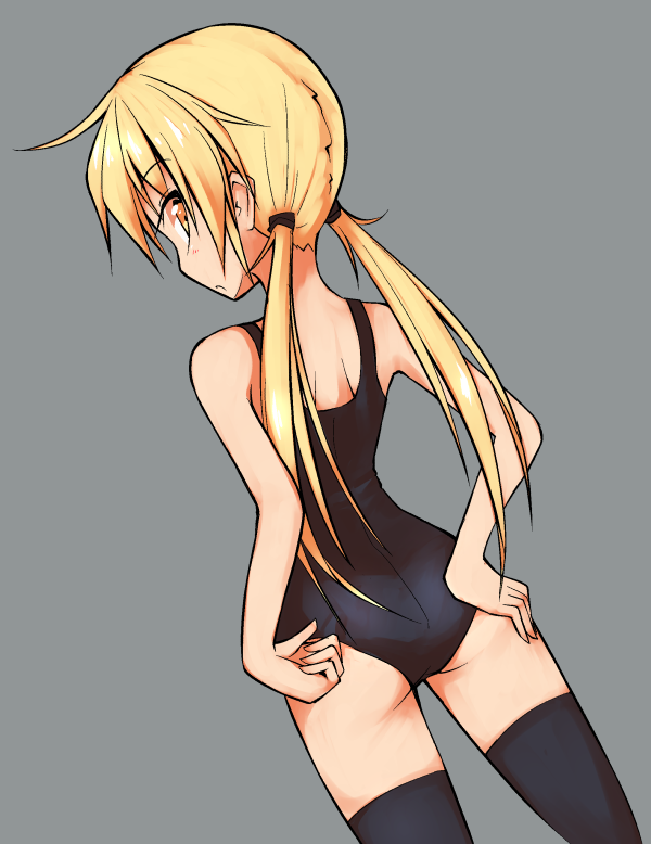 1girl adjusting_clothes adjusting_swimsuit ahoge alternate_costume ass bare_arms bare_shoulders black_swimsuit blonde_hair blush cowboy_shot dutch_angle eyebrows_visible_through_hair from_behind grey_background hair_tie hand_in_swimsuit hand_on_hip ichidai_taisa kantai_collection legs_apart long_hair looking_at_viewer looking_back low_twintails one-piece_swimsuit satsuki_(kantai_collection) school_swimsuit simple_background solo standing swimsuit thigh-highs twintails very_long_hair yellow_eyes