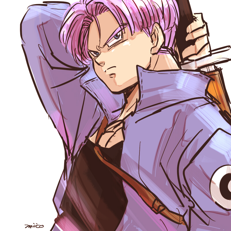 1boy arm_up artist_name black_shirt blue_eyes dragon_ball dragonball_z eyebrows_visible_through_hair frown jacket looking_away male_focus miiko_(drops7) purple_hair serious shirt short_hair simple_background solo_focus sword trunks_(dragon_ball) weapon white_background