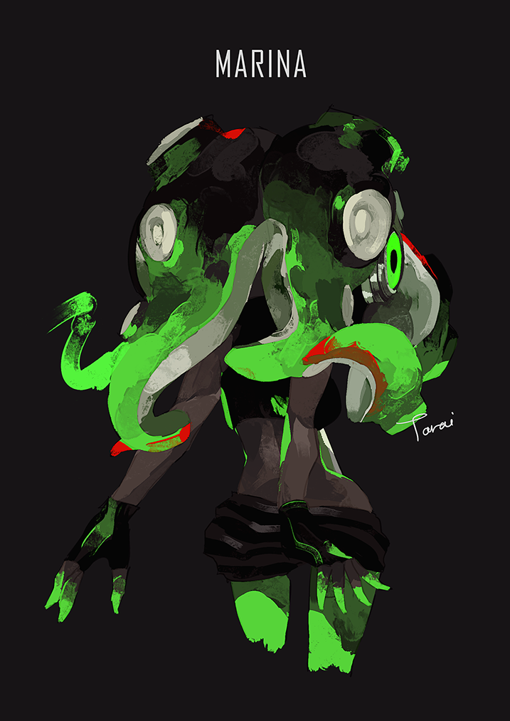 1girl artist_name back bare_arms bioluminescence black_background black_gloves black_hair character_name cowboy_shot crop_top cropped_legs dark_skin fingerless_gloves from_behind gloves glowing glowing_hair glowing_skin green_hair green_skin headphones iida_(splatoon) long_hair midriff multicolored multicolored_hair multicolored_skin octarian outstretched_arms prehensile_hair redhead shorts solo splatoon splatoon_2 standing striped striped_shorts suction_cups tarai_(silica5) tentacle_hair