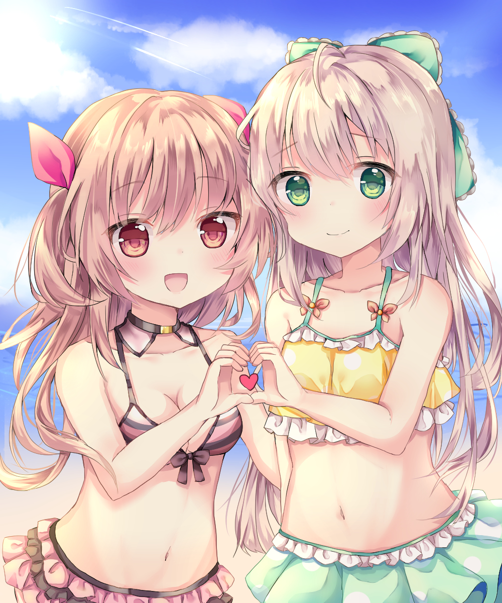 2girls :d ahoge bangs bare_arms bare_shoulders beach bikini bikini_skirt black_neckwear blue_sky bow breasts brown_eyes brown_hair choker cleavage closed_mouth clouds cloudy_sky collarbone commentary_request detached_collar eyebrows_visible_through_hair frilled_bikini frills green_bikini_bottom green_bow green_eyes hair_between_eyes hair_bow hair_ribbon halter_top halterneck heart heart_hands heart_hands_duo highres long_hair looking_at_viewer medium_breasts multicolored multicolored_bikini multicolored_clothes multiple_girls navel ocean open_mouth original outdoors pink_ribbon polka_dot polka_dot_bikini ribbon sky small_breasts smile striped_bikini_top sunlight swimsuit tsuruse two_side_up very_long_hair yellow_bikini_top