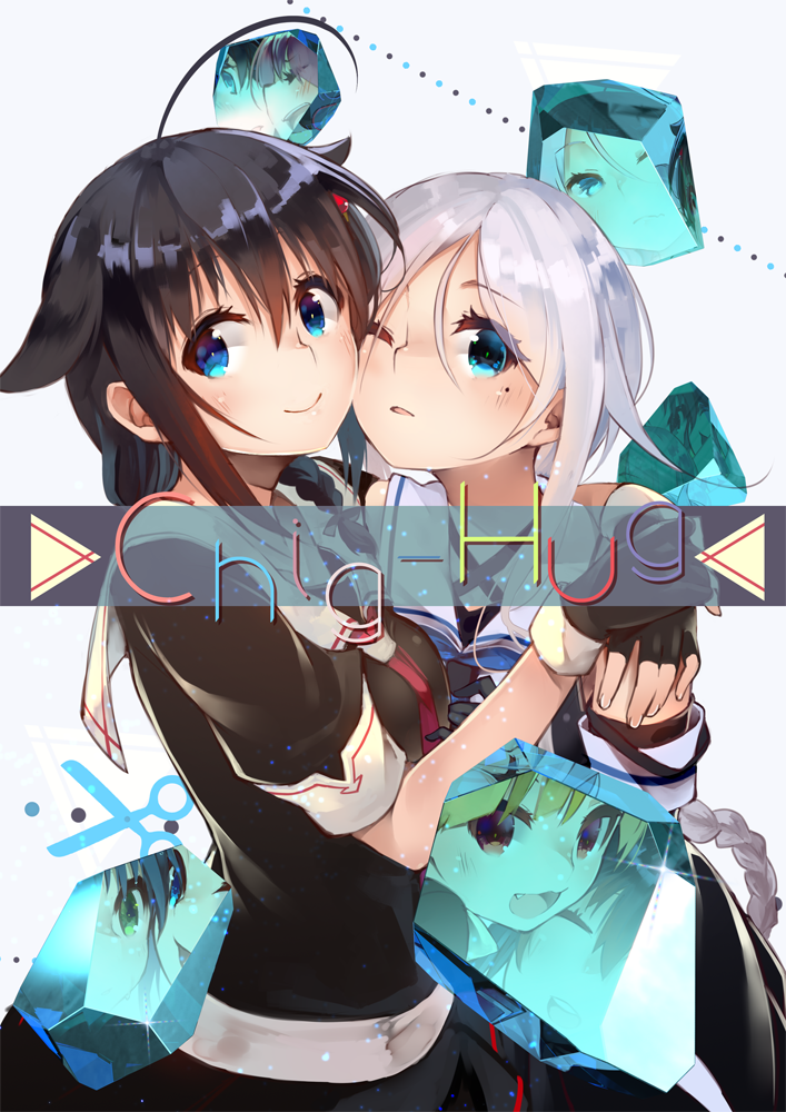 2girls ahoge aqua_background bangs bare_shoulders black_gloves black_hair black_shirt black_skirt blue_eyes blue_neckwear blush bow braid character_request cheek-to-cheek chig closed_mouth collarbone comiket_90 commentary_request elbow_gloves eyebrows_visible_through_hair eyelashes eyes_visible_through_hair fingerless_gloves from_side gloves hair_between_eyes hair_bow hair_flaps hair_over_shoulder hands_up hug kantai_collection light_particles lips long_hair looking_at_viewer mole mole_under_eye multiple_girls neckerchief necktie one_eye_closed pleated_skirt raised_eyebrows red_neckwear sailor_collar shigure_(kantai_collection) shirt short_sleeves simple_background single_braid skirt sleeve_cuffs sleeveless sleeveless_shirt smile strap title umikaze_(kantai_collection) upper_body very_long_hair white_hair