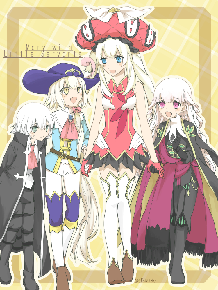 4girls assassin_of_black bare_shoulders blonde_hair blue_eyes blush charles_henri_sanson_(fate/grand_order) charles_henri_sanson_(fate/grand_order)_(cosplay) coat cosplay dress english fate/grand_order fate_(series) furea_(sfelarde) gloves green_eyes hair_ribbon hand_holding jeanne_alter jeanne_alter_(santa_lily)_(fate) large_hat le_chevalier_d'eon_(fate/grand_order) le_chevalier_d'eon_(fate/grand_order)_(cosplay) long_hair looking_at_another looking_down looking_up marie_antoinette_(fate/grand_order) multiple_girls nursery_rhyme_(fate/extra) open_mouth pants red_gloves ribbon ruler_(fate/apocrypha) sleeveless sleeveless_dress smile standing thigh-highs twintails twitter_username very_long_hair violet_eyes white_gloves white_hair white_pants wolfgang_amadeus_mozart_(fate/grand_order) wolfgang_amadeus_mozart_(fate/grand_order)_(cosplay) yellow_eyes