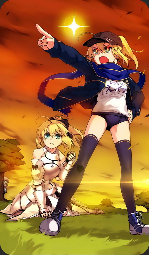 2girls ahoge armor artoria_pendragon_(all) baseball_cap blonde_hair blue_eyes border bow buruma craft_essence dual_persona fate/grand_order fate/stay_night fate/unlimited_codes fate_(series) glowing glowing_eyes gym_uniform hair_bow hand_on_hip hat ishida_akira jacket long_hair multiple_girls mysterious_heroine_x official_art open_clothes open_jacket peeking_out pointing pointing_forward ponytail rojiura_satsuki:_chapter_heroine_sanctuary saber saber_lily scarf shielder_(fate/grand_order) star thigh-highs