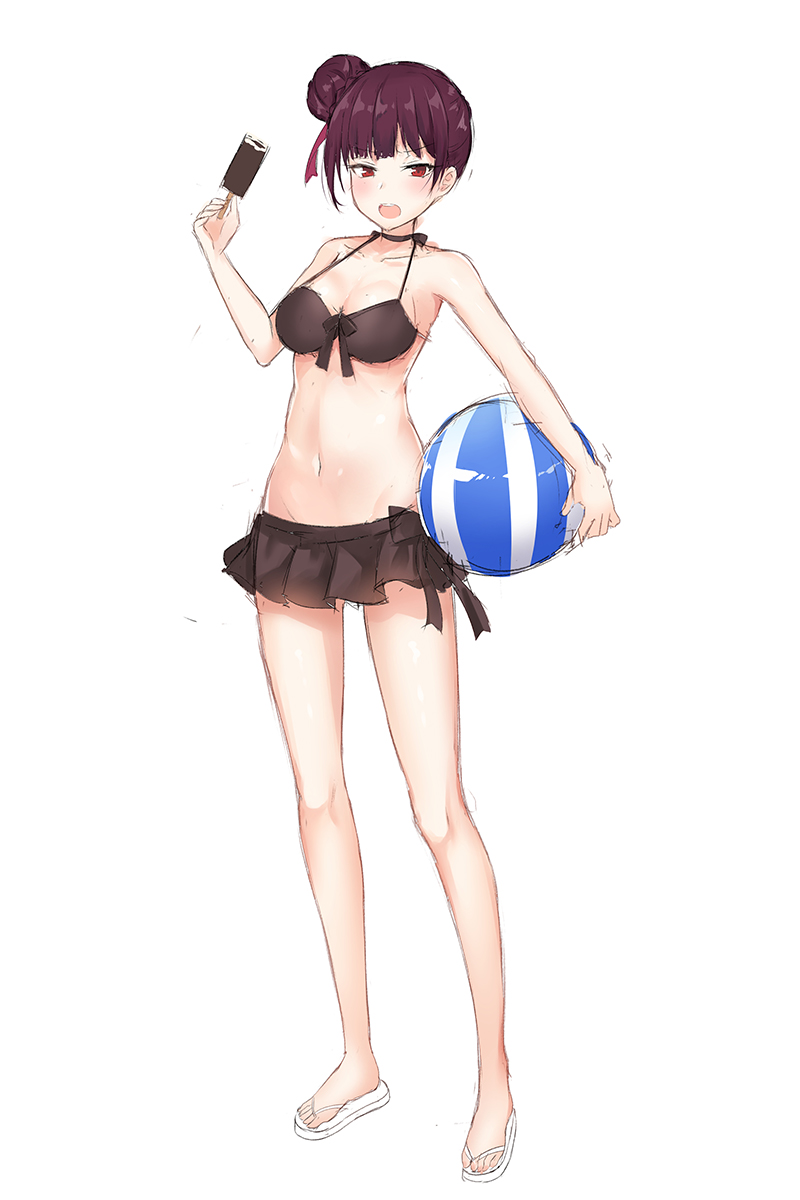 &gt;:o 1girl :o alternate_hairstyle ball bangs bare_arms bare_legs bare_shoulders beachball bikini bikini_skirt black_bikini black_neckwear blunt_bangs blush breasts choker cleavage coffeedog collarbone flip-flops food girls_frontline hair_bun highres holding holding_ball holding_food legs legs_apart looking_at_viewer medium_breasts navel open_mouth popsicle purple_hair red_eyes sandals short_hair simple_background sketch solo standing stomach swimsuit tsurime wa2000_(girls_frontline) white_background white_bikini